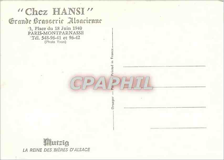 CPM Chez Hansi Grande Brasserie Alsacienne Paris Montpartnasse Folklore — Rückseite