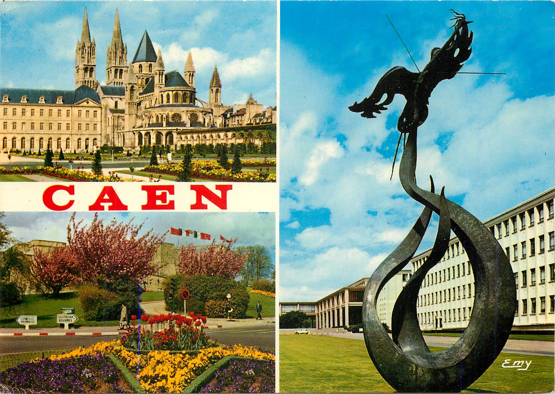 Caen — Cathédrale, sculpture Phénix, jardin fleuri — Emy
