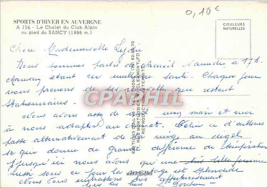 CPM Sports d'Hiver en Auvergne Le chalet du club Alpin au pied du Sancy (1886 m) — Verso