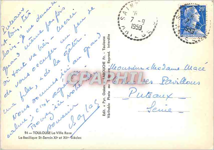 Toulouse — La Basilique Saint-Sernin — Éditeur Pyr. Océan, série 94 — Verso