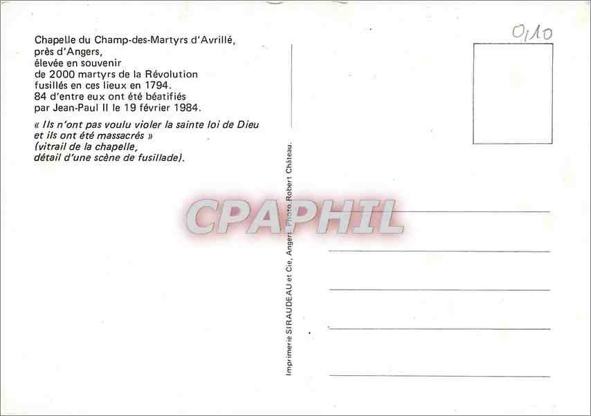 CPM Pres Angers (M et L) Chaplelle du Champ des Martyrs d'Avrille elevee en souvenir — Rückseite