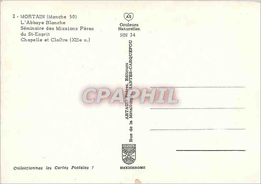 CPM Mortain (Manche) L'Abbaye Blanche Seminaire des Missions Peres du St Esprit Chapelle et Cloitre  — Rückseite