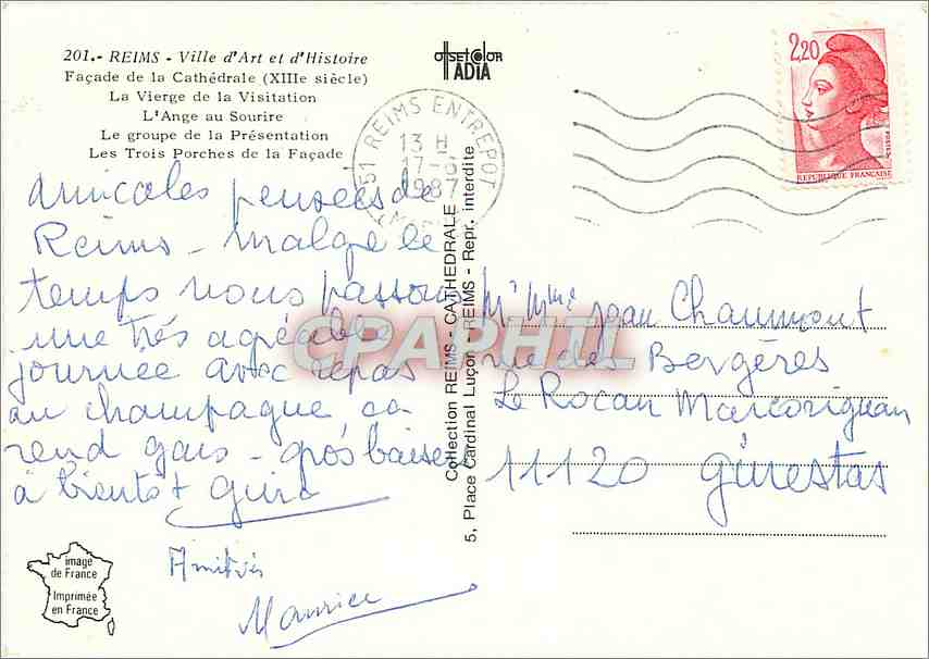 CPM Reims (Marne) Facade de la Cathedrale (XIIIe s) La Vierge de la Visitation l'Ange au Sourire — Rückseite