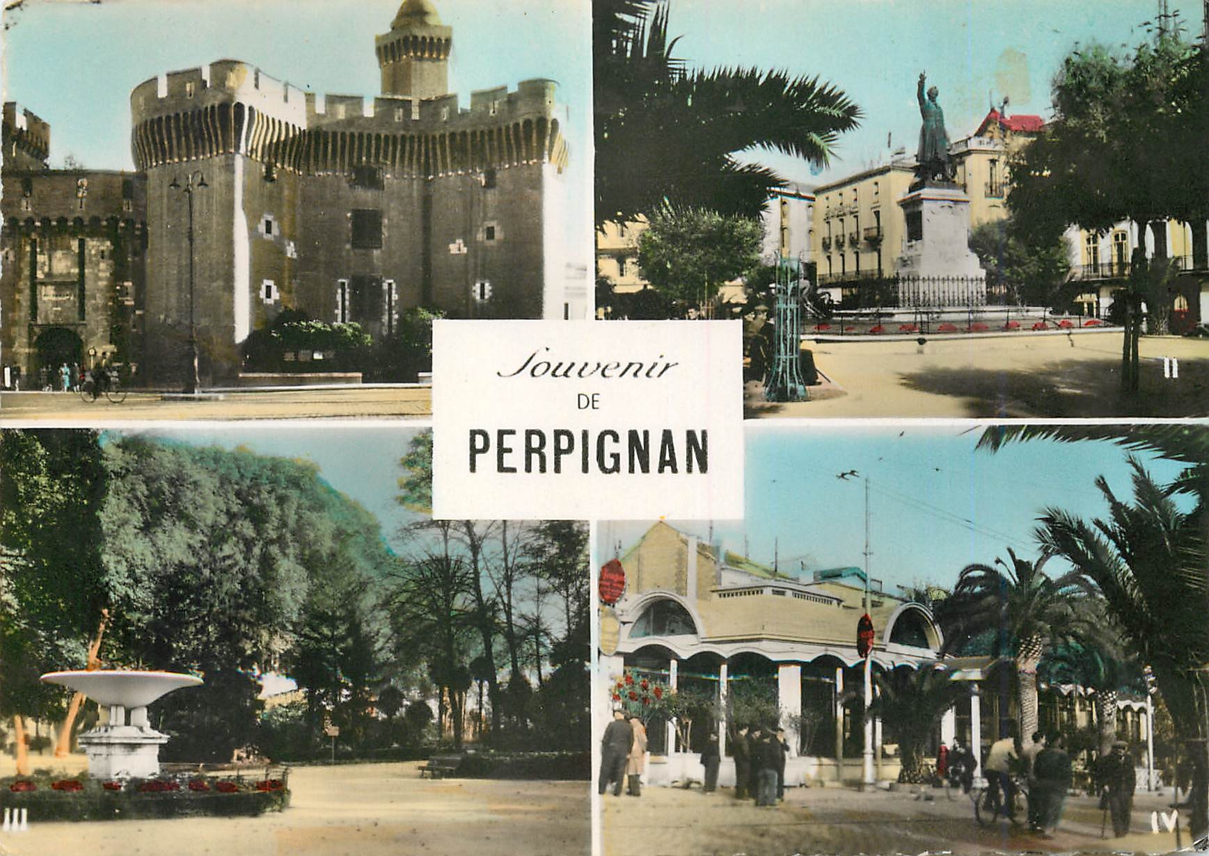 CPM Perpignan (P O) Le Castillet et la Porte N D la Place Arago le jardin Public le Palmarium