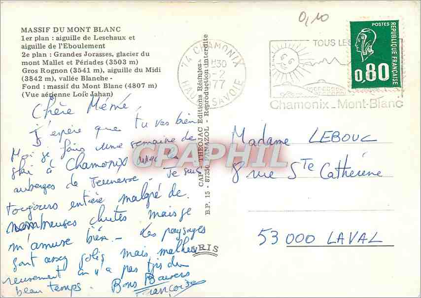 CPM le massif du Mont Blanc 1er plan aiguille de Leschaux et aiguille de l'Eboulement — Verso