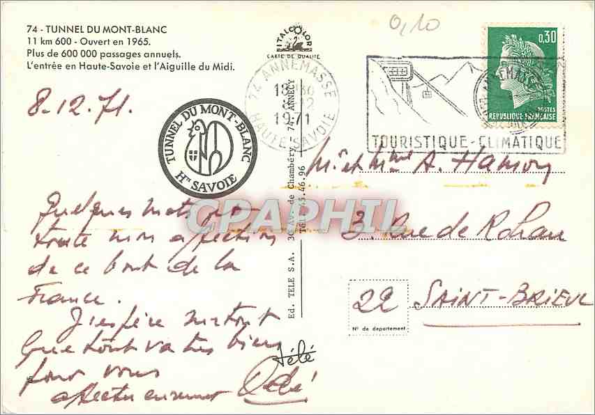 CPM Tunnel du Mont Blanc 11 km 600 ouvert en 1965 — Verso