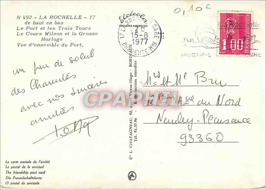 CPM La Rochelle (Chte Mme) de haut en bas le Port et les Trois Tours le Cours Wilson et la Grosse Ho — Rückseite