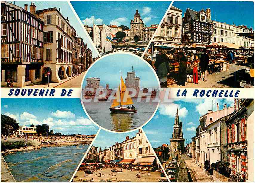 CPM La Rochelle (Chte Mme) Rue du Palais la Grosse Horloge Place du Marche La plage