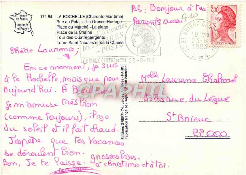 CPM La Rochelle (Chte Mme) Rue du Palais la Grosse Horloge Place du Marche La plage — Verso