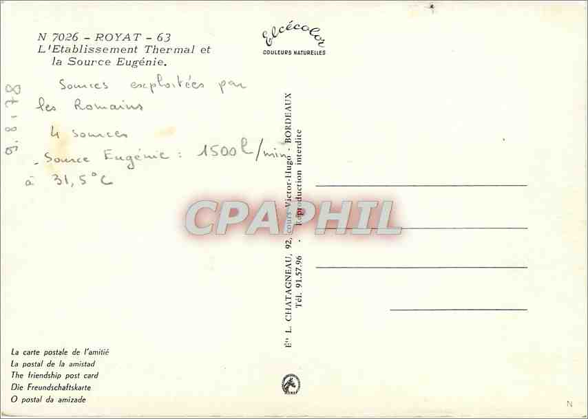 CPM Royat (Puy de Dome) L'Etablissement Thermal et la Source Eugenie — Rückseite