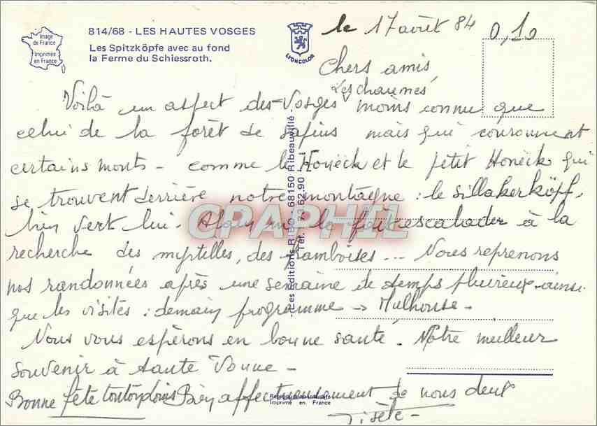 CPM Les Hautes Vosges les Spitzkopfe avec au fond la ferme du Schiessroth — Verso