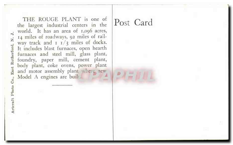 Etats Unis CPA Rolling Mill Rouge Steel Plant Ford Motor Company Automobile Car Voiture — Rückseite