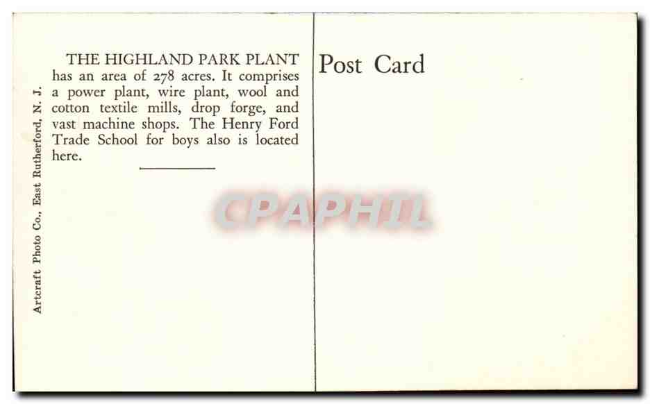 Etats Unis CPA Highland Park Plant Ford Motor Company Automobile Car Voiture — Rückseite
