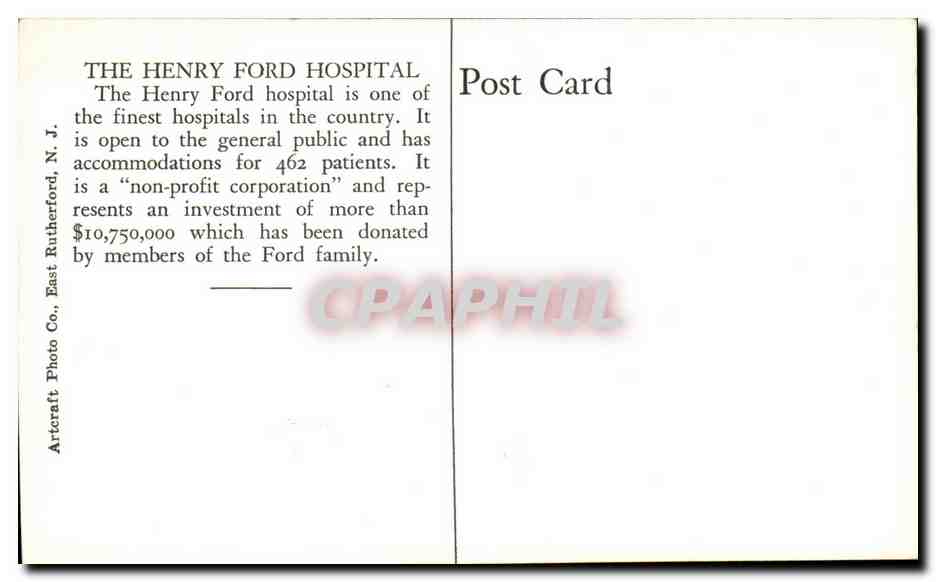 Etats Unis CPA the Henry fort hospital Ford Motor Company Automobile Car Voiture — Rückseite
