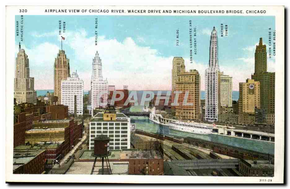 etats Unis CPA Airplane view of Chicago river Wacker drive and Michigan boulevard Bridge