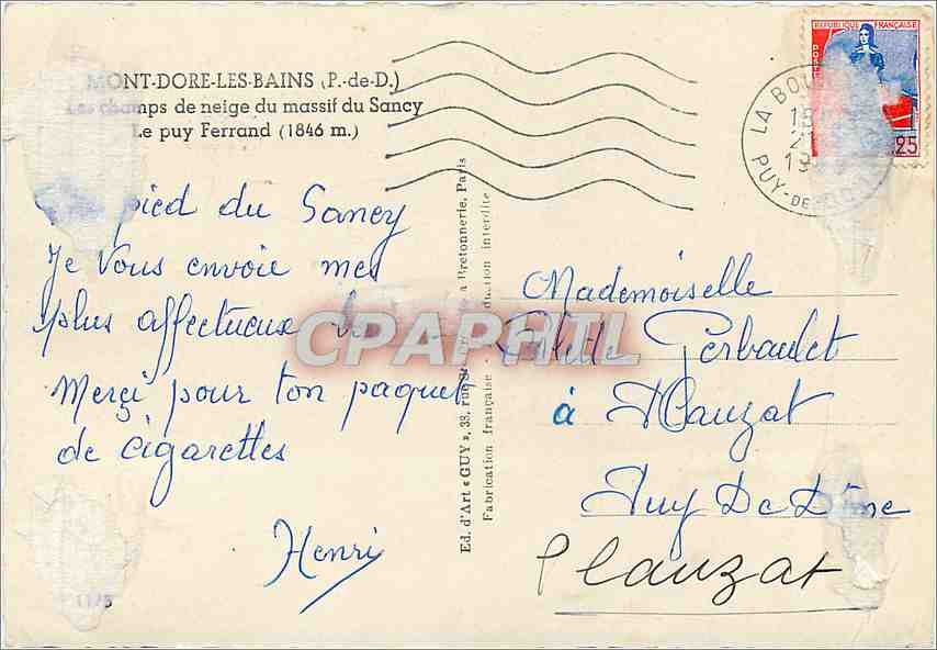 CPM Mont Dore les Bains P de D Le Puy Ferrand Ski — Verso