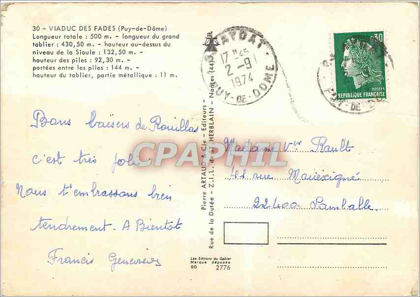 CPM Viaduc des Fades Puy de Dome  — Rückseite