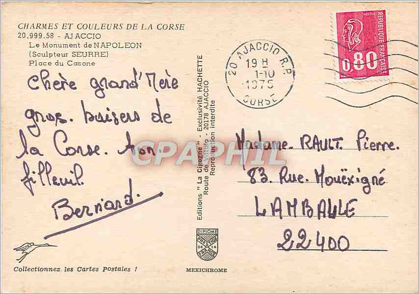 CPM Ajaccio Le Monument de Napoleon Place du Casone  — Rückseite