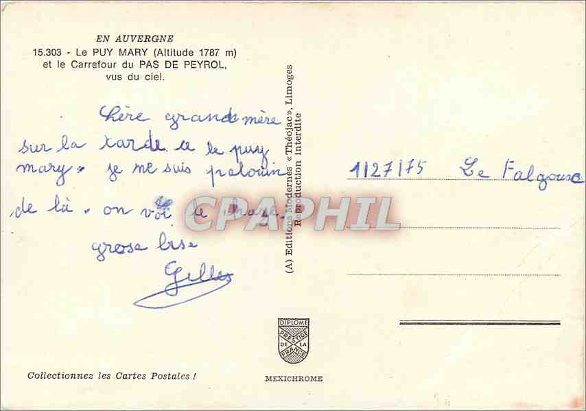 Puy Mary und Carrefour du Pas de Peyrol — Luftbild — Éditions Modernes « Théodèce », Limoges — Rückseite