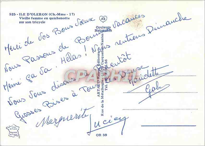 CPM Ile d'Oleron Ch Mme Vieille femme en quichenotte sur son tricycle Velo Cycle — Rückseite