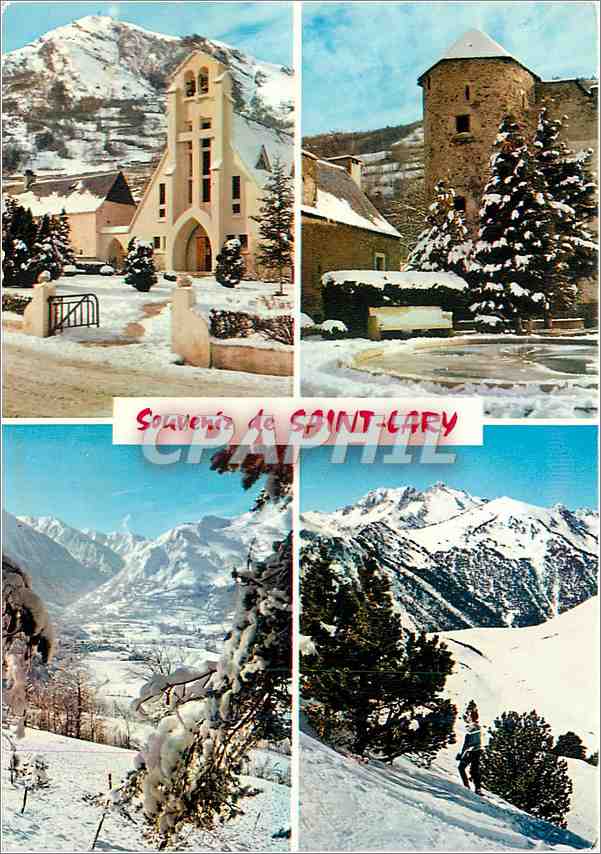 Saint-Lary — Vue hivernale avec église, château et montagnes — A.R.U.M.-ÉDITIONS