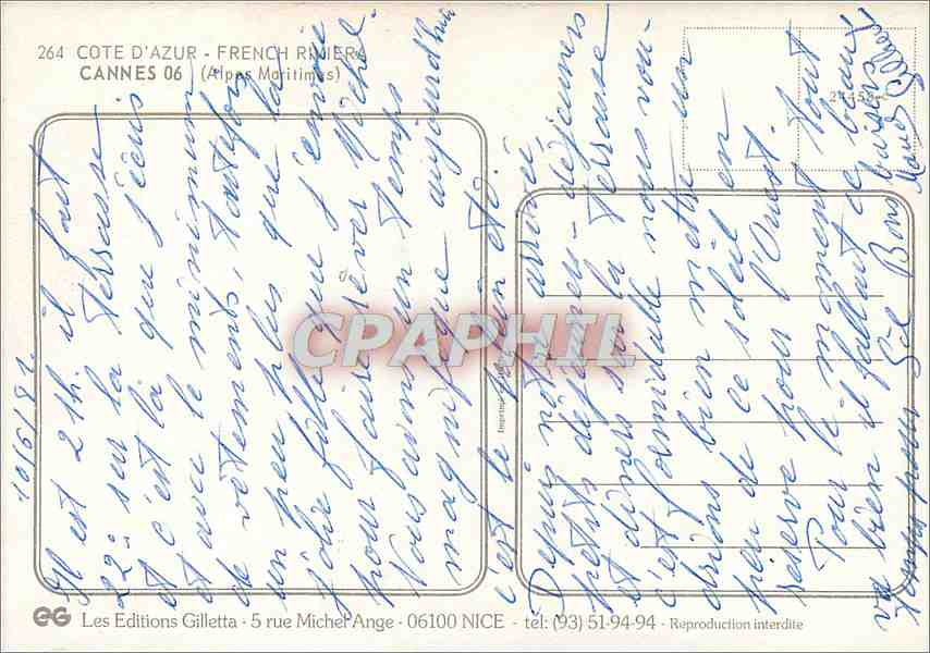 CPM Cote d'Azur French Riviera Cannes Alpes Maritimes  — Verso