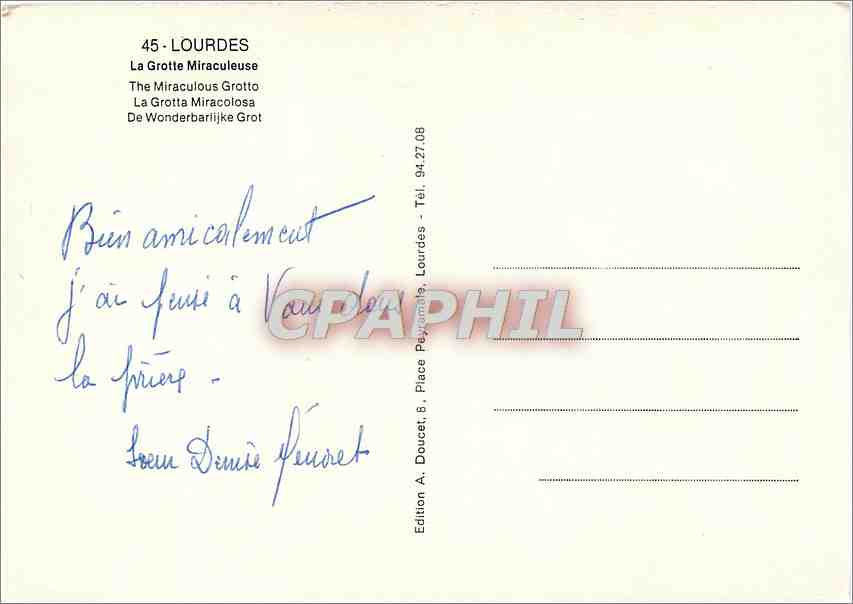 CPM Lourdes La Grotte Miraculeuse  — Verso