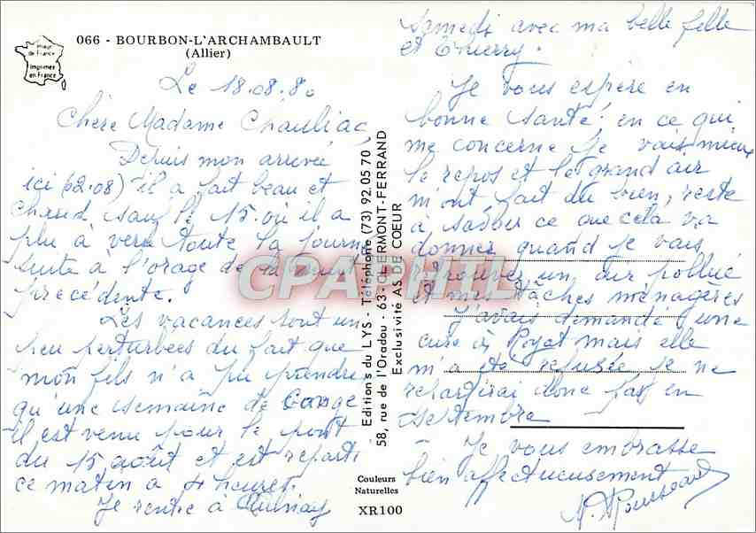 CPM Bourbon l'Archambault Allier  — Verso