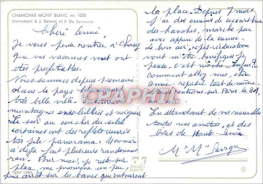 CPM Chamonix Mont Blanc Monument aJ Balmat et a De Saussure  — Verso
