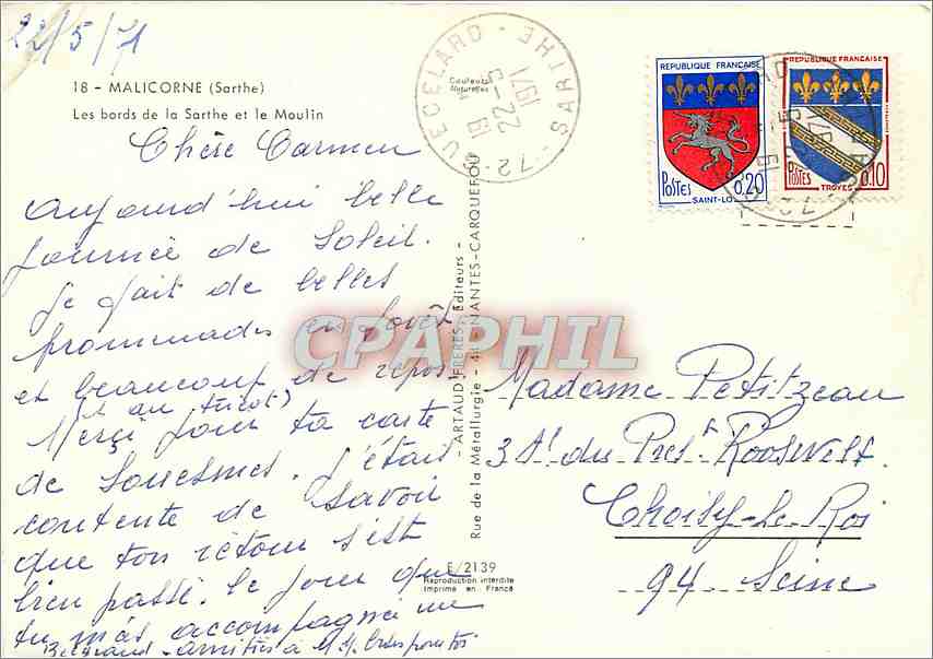 CPM Malicorne Sarthe Les bords de la Sarthe et le Moulin  — Rückseite