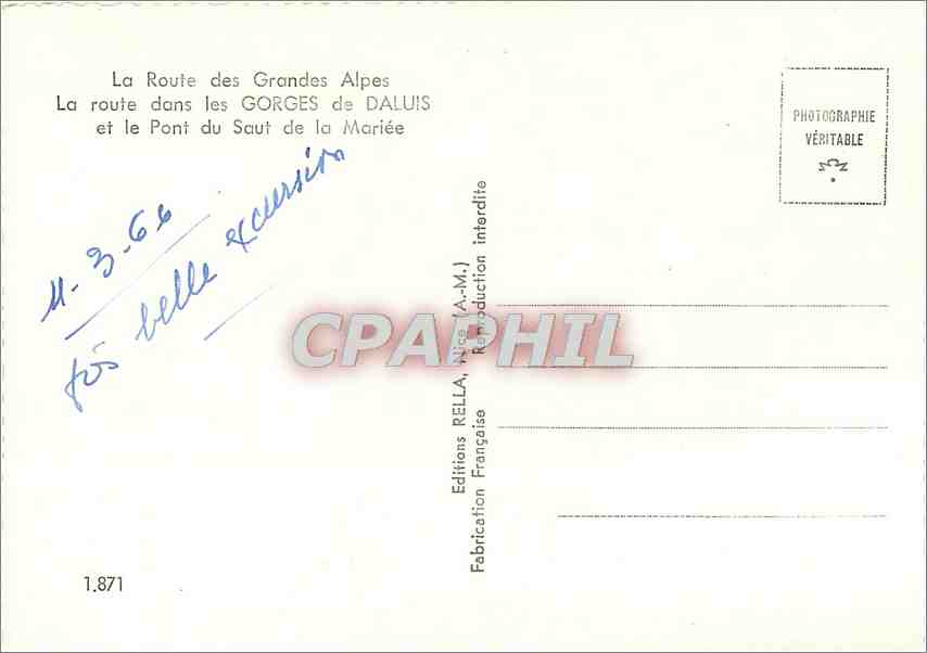 CPM La Route des Grandes Alpes La route dans les Gorges de Daluis et le pont du saut de la mariee — Rückseite