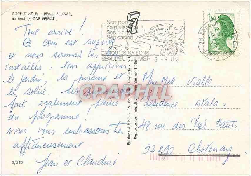 CPM Cote d'Azur Beaulieu mer au fond le Cap Ferrat  — Rückseite