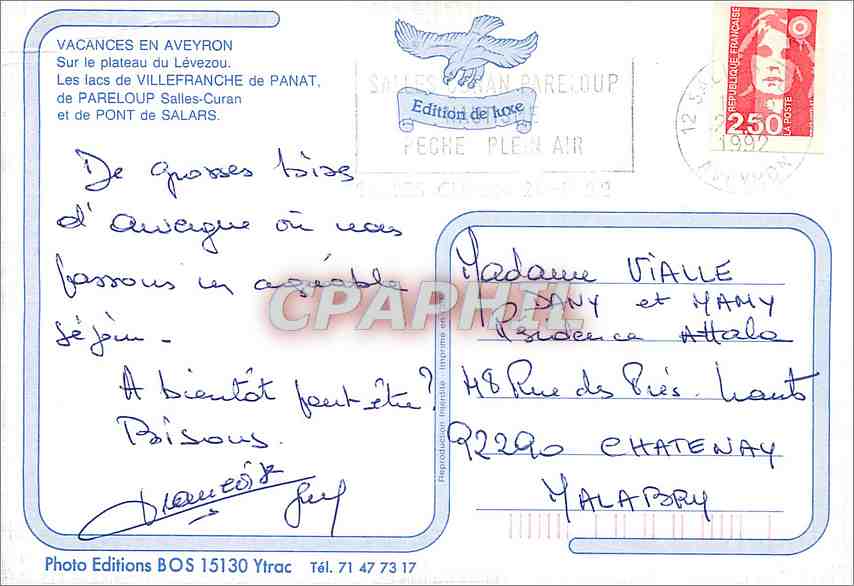 CPM Vacances en Aveyron Sur le plateau de Levezou Les lacs de Villefranche de Panat  — Verso