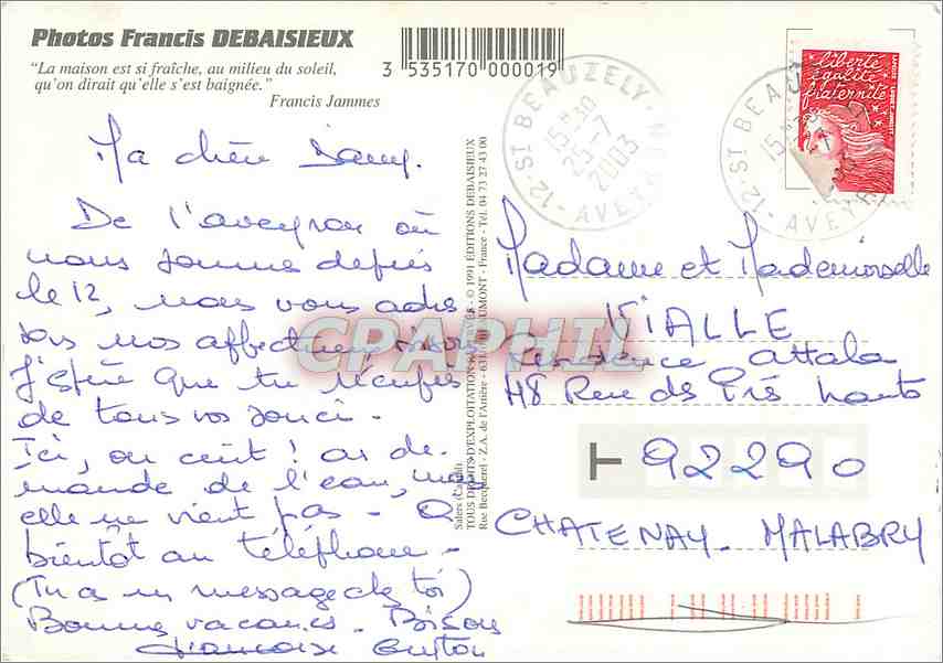 CPM La maison est si fraiche au milieu du soleil du'on dirait qu'elle s'est baignee Francis Jammes  — Rückseite