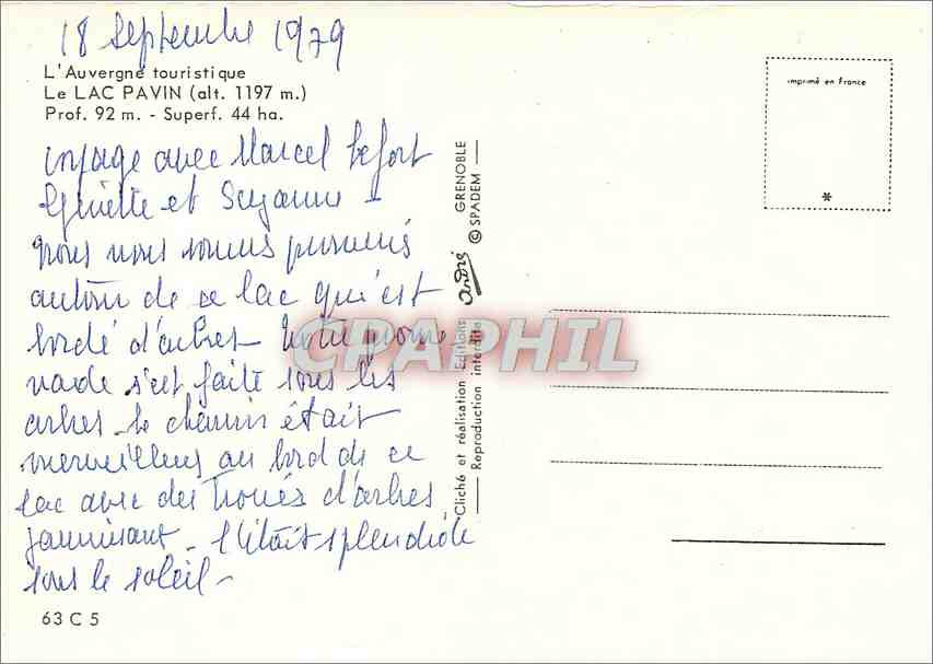 CPM L'Auvergne Touristique Le Lac Pavin  — Verso