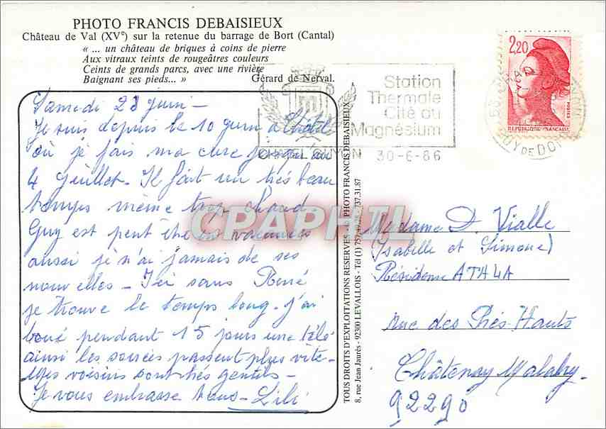 CPM Chateau de Val sur la retenue du barrage de Bort Cantal  — Rückseite