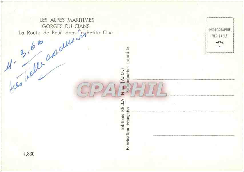 CPM Les Alpes Maritimes Gorges du Cians La Route de Beuil dans la Petite Clue  — Rückseite