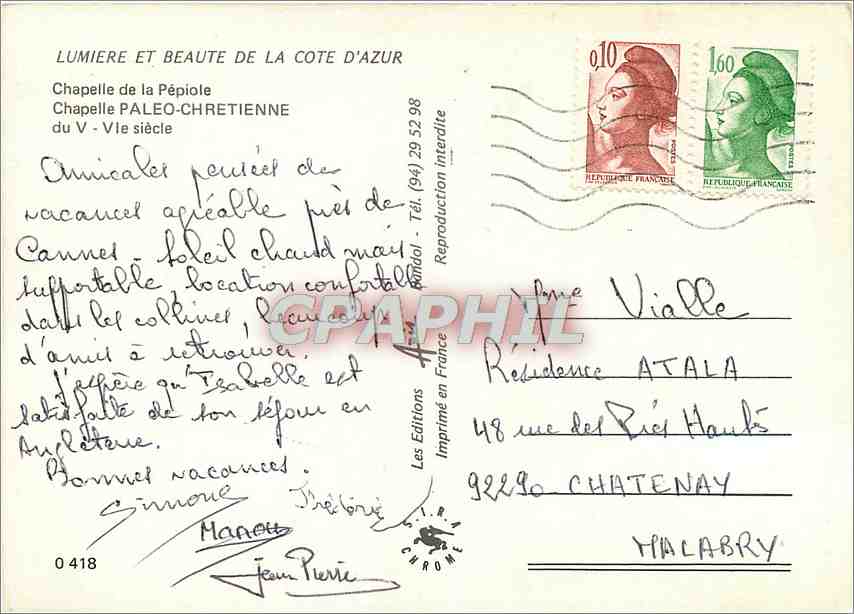 CPM Lumiere et Beaute de la Cote d'Azur Chapelle de la Pepiole Chapelle Paleo Chretienne  — Verso