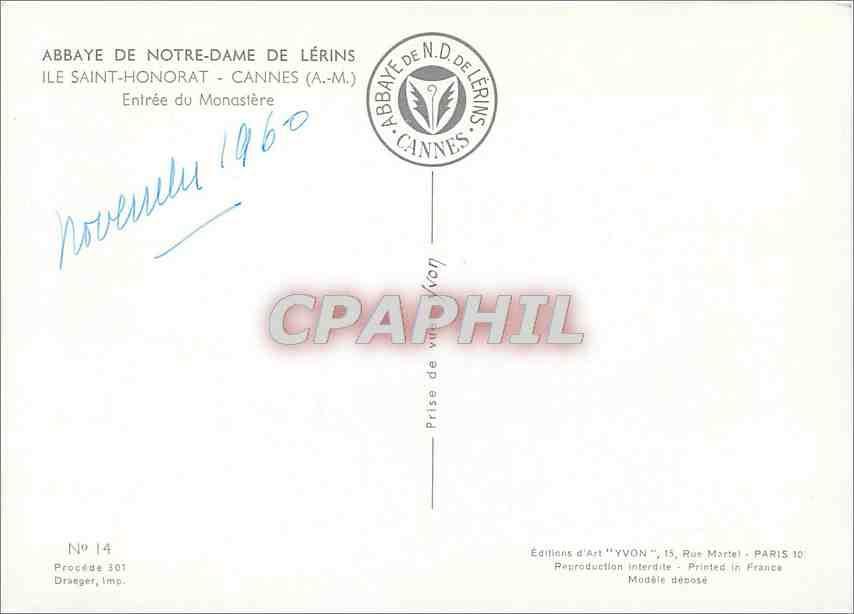 CPM Ile Saint Honorat Cannes AM Entree du Monastere  — Rückseite