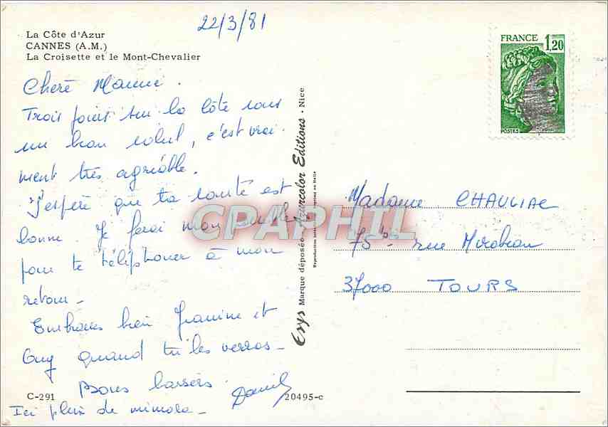 CPM Cannes AM La Croisette et le Mont Chevalier  — Verso