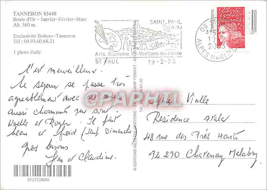 CPM Tanneron Route d'Or Janvier Fevrier Mars  — Rückseite