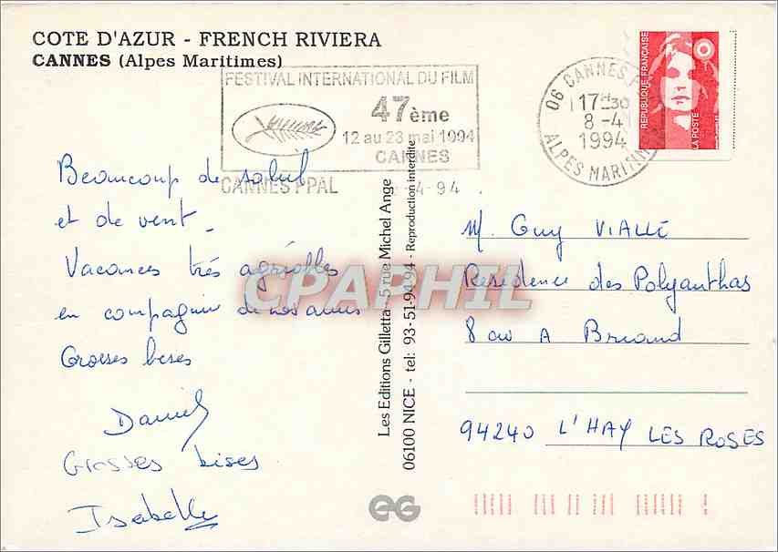 CPM Cote d'Azur French Riviera Cannes Alpes Maritimes  — Rückseite