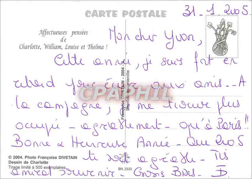 CPM Affecteuesese penseees de Charlotte William Louise et Thelma  — Rückseite