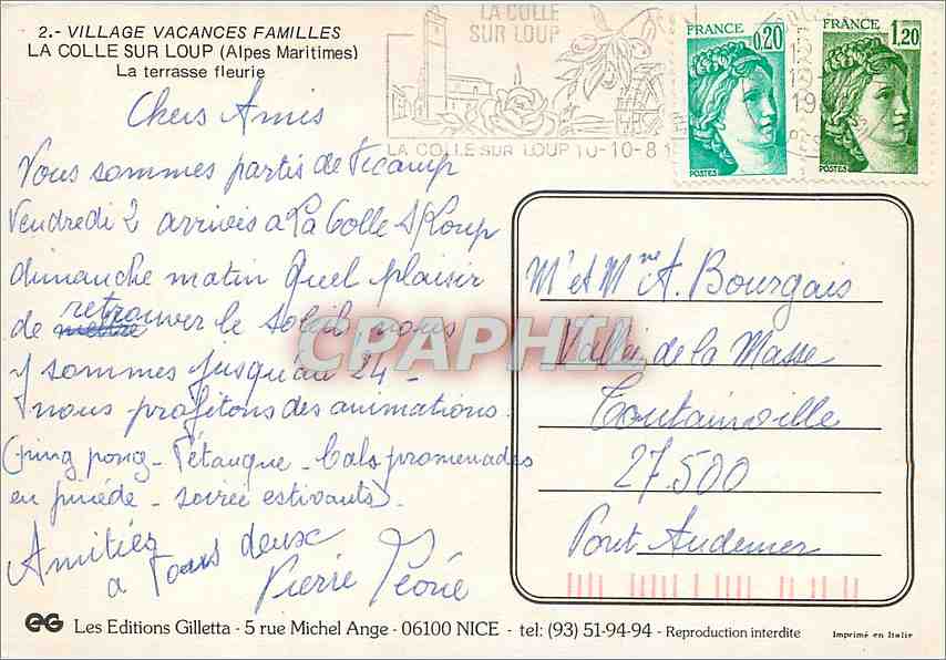 CPM La Colle sur Loup Alpes Maritimes La terrasse fleurie VVF — Rückseite