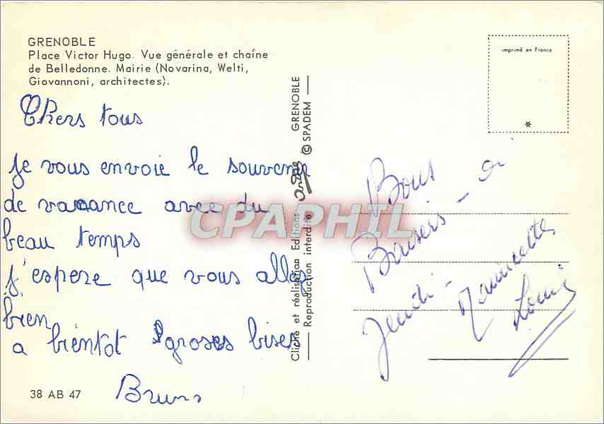 CPM Grenoble Place Victor Hugo Vue generale et chaine de Belledonne  — Rückseite