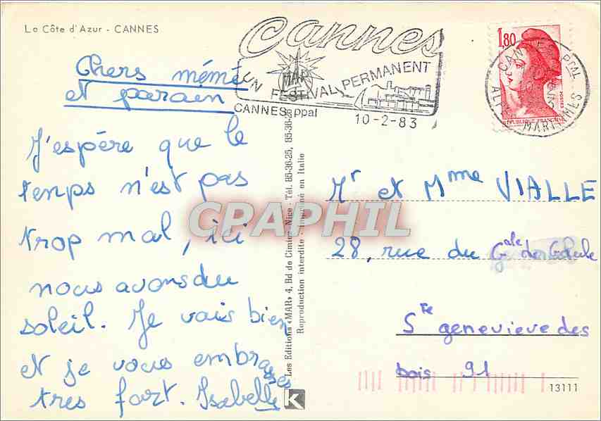 CPM La Cote d'Azur Cannes  — Verso