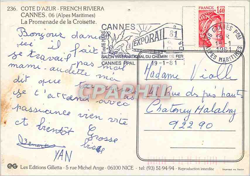 CPM Cote d'Azur French Riviera Cannes Alpes Maritimes La Promenade de la Croisette  — Rückseite