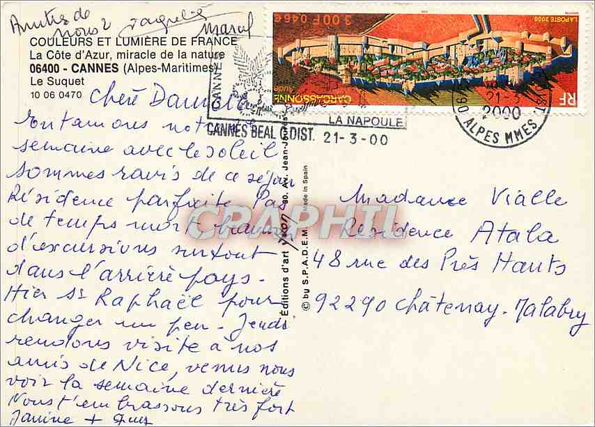 CPM La Cote d'Azur miracle de la nature Cannes Alpes Maritimes Le Suquet  — Verso