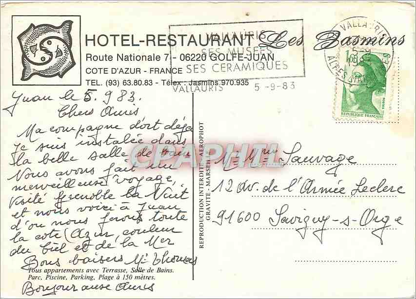 CPM Hotel Restaurant Cote d'Azur France Golfe Juan — Verso