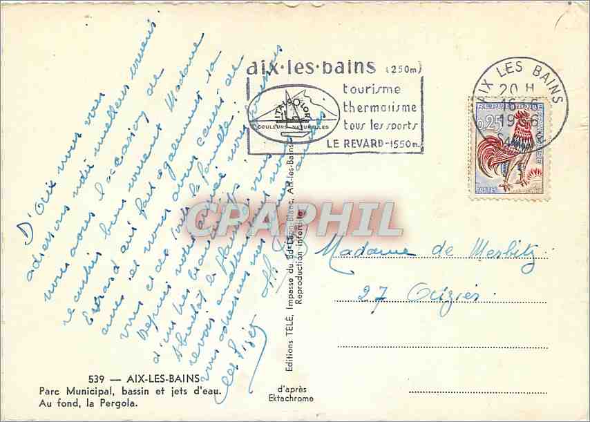 CPM Aix les Bains Parc Municipal bassin et jets d'eau Au fond la Pergola  — Verso